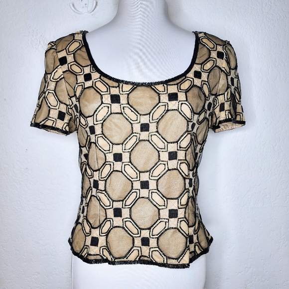 Adrianna Papell Tops - Adrianna Papell Evening Beaded Blouse Sz M 100% Silk Black Gold Geometric Top